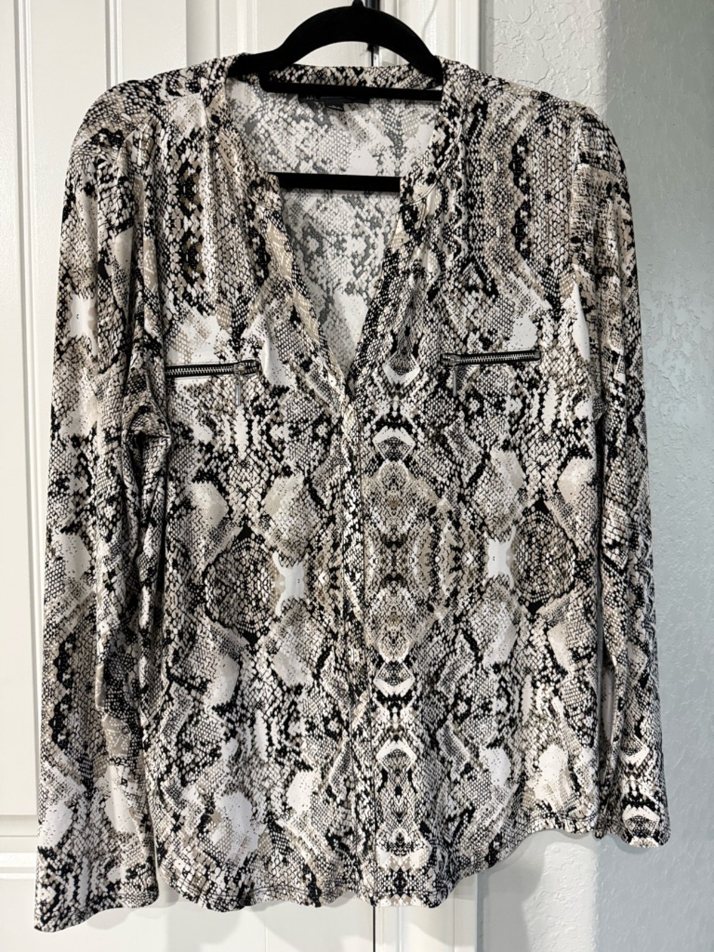 INC International Concepts Black and White Snake-Print V-Neck Blouse